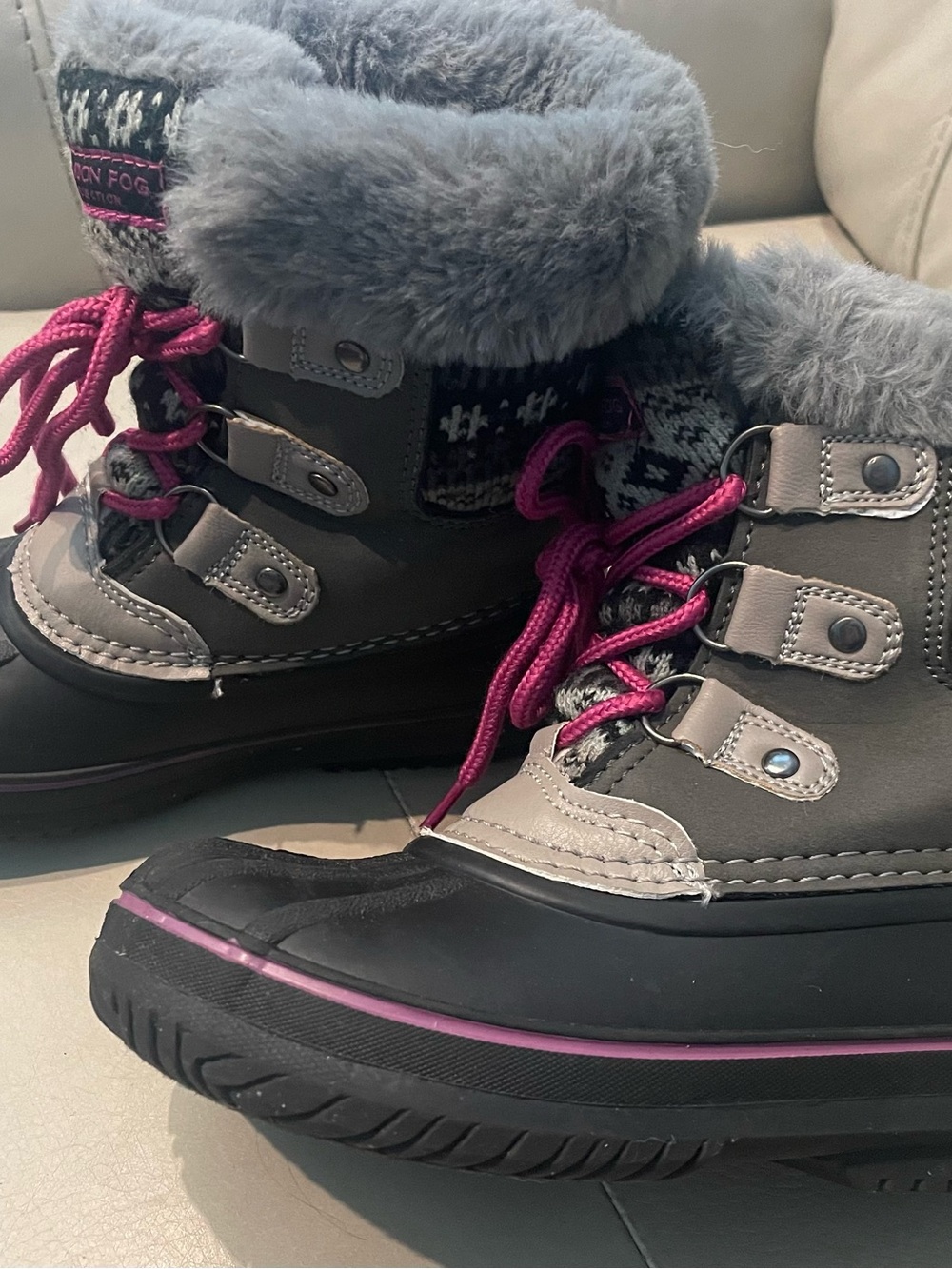 London Fog Grey Kids Snow Boots with Pink Accents